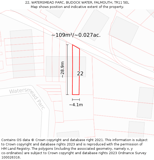 22, WATERSMEAD PARC, BUDOCK WATER, FALMOUTH, TR11 5EL: Plot and title map