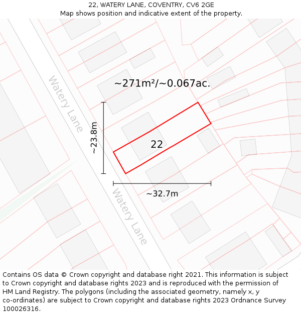 22, WATERY LANE, COVENTRY, CV6 2GE: Plot and title map