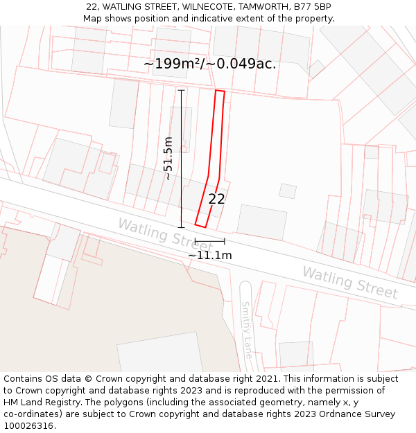 22, WATLING STREET, WILNECOTE, TAMWORTH, B77 5BP: Plot and title map