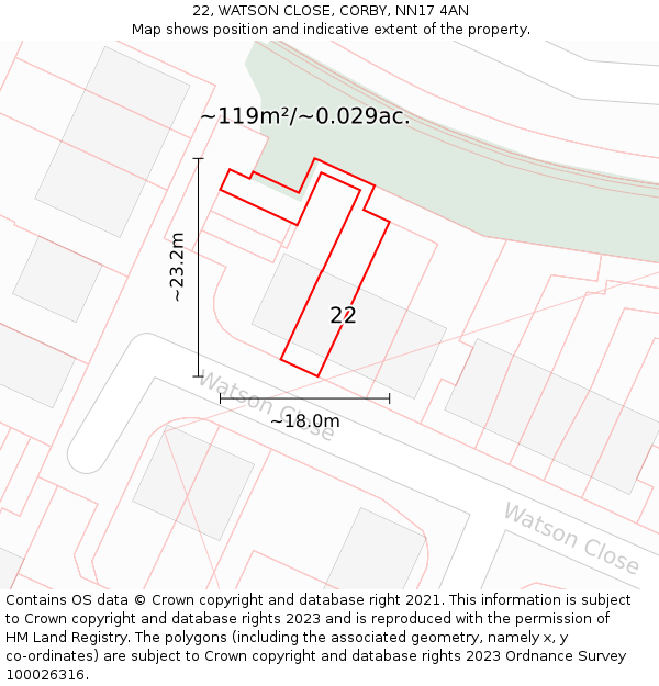 22, WATSON CLOSE, CORBY, NN17 4AN: Plot and title map