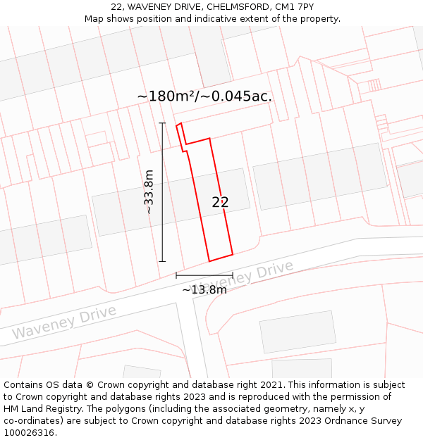 22, WAVENEY DRIVE, CHELMSFORD, CM1 7PY: Plot and title map