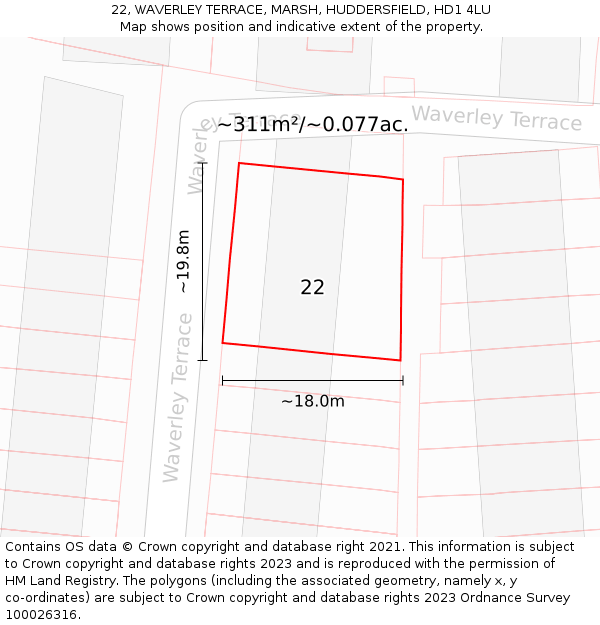 22, WAVERLEY TERRACE, MARSH, HUDDERSFIELD, HD1 4LU: Plot and title map