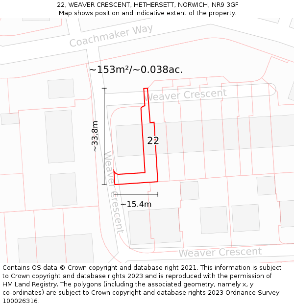 22, WEAVER CRESCENT, HETHERSETT, NORWICH, NR9 3GF: Plot and title map