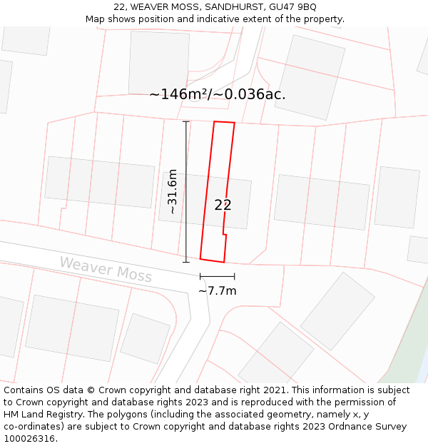 22, WEAVER MOSS, SANDHURST, GU47 9BQ: Plot and title map