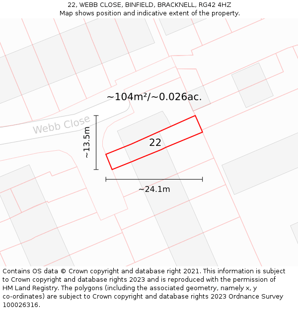 22, WEBB CLOSE, BINFIELD, BRACKNELL, RG42 4HZ: Plot and title map