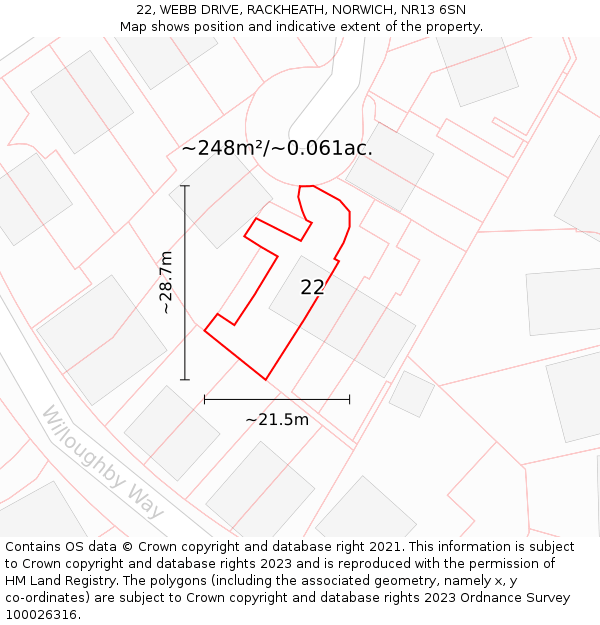 22, WEBB DRIVE, RACKHEATH, NORWICH, NR13 6SN: Plot and title map