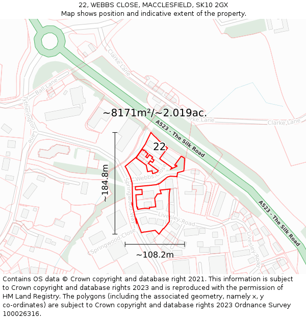 22, WEBBS CLOSE, MACCLESFIELD, SK10 2GX: Plot and title map