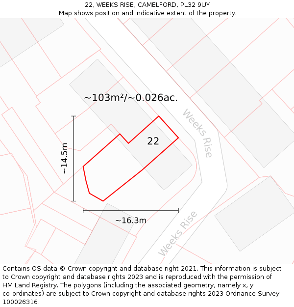22, WEEKS RISE, CAMELFORD, PL32 9UY: Plot and title map