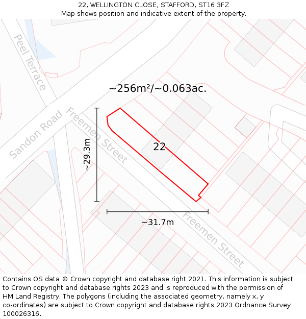 22, WELLINGTON CLOSE, STAFFORD, ST16 3FZ: Plot and title map