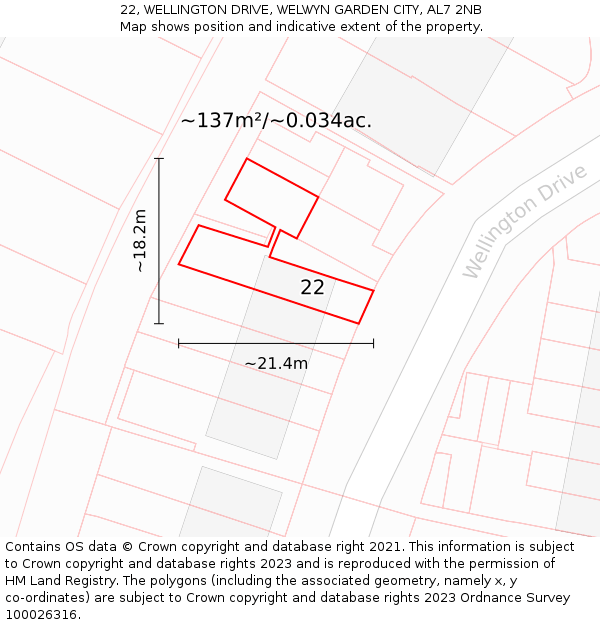22, WELLINGTON DRIVE, WELWYN GARDEN CITY, AL7 2NB: Plot and title map