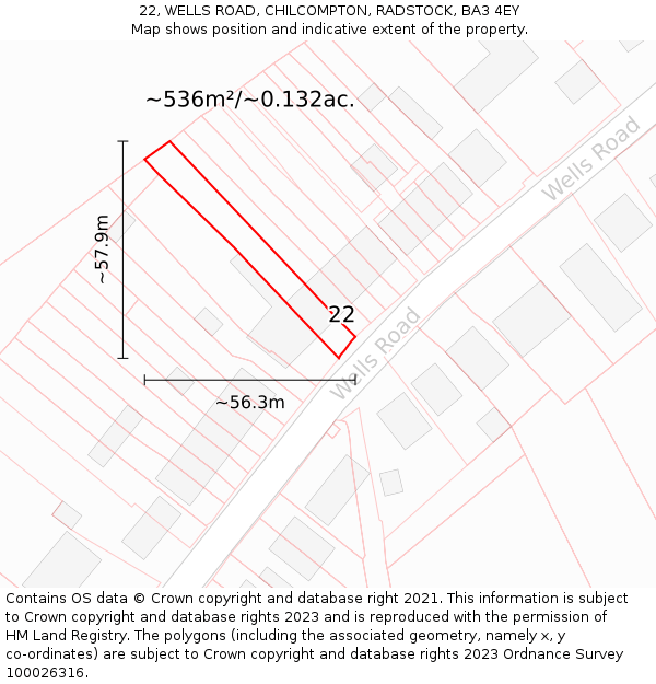 22, WELLS ROAD, CHILCOMPTON, RADSTOCK, BA3 4EY: Plot and title map