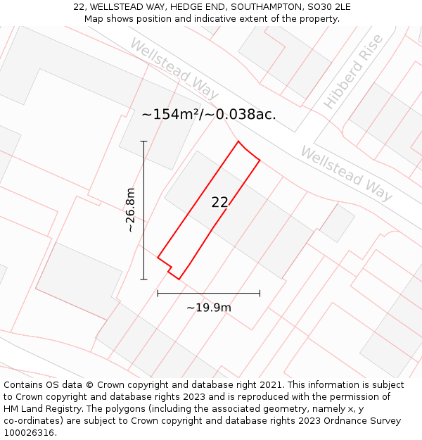 22, WELLSTEAD WAY, HEDGE END, SOUTHAMPTON, SO30 2LE: Plot and title map