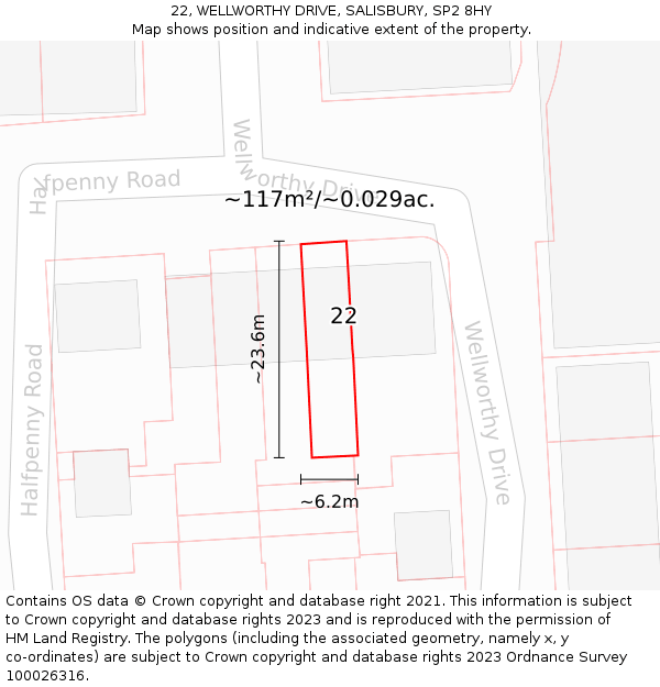 22, WELLWORTHY DRIVE, SALISBURY, SP2 8HY: Plot and title map
