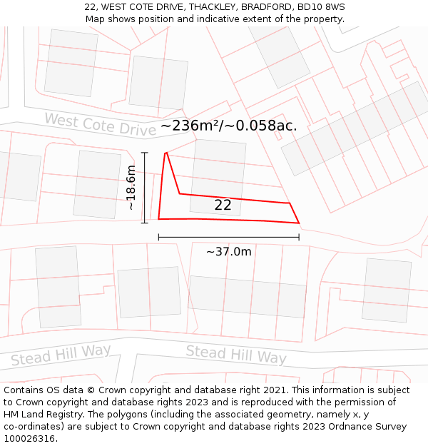 22, WEST COTE DRIVE, THACKLEY, BRADFORD, BD10 8WS: Plot and title map