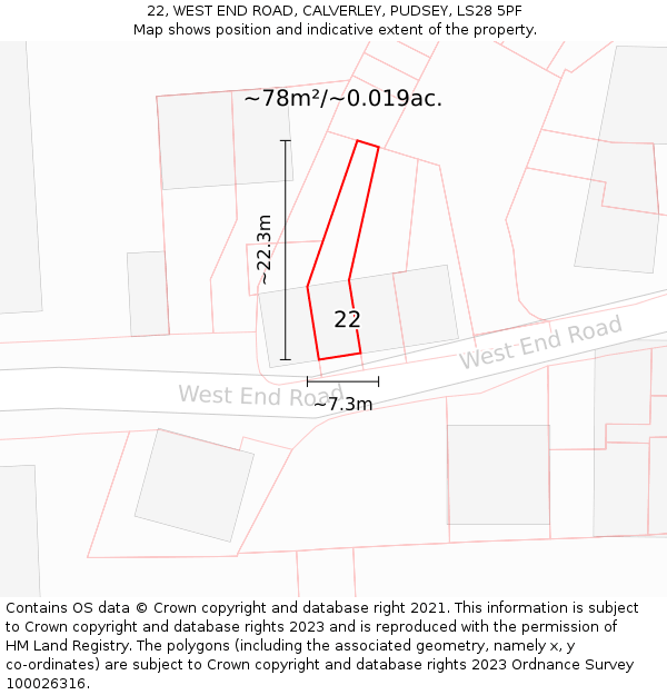 22, WEST END ROAD, CALVERLEY, PUDSEY, LS28 5PF: Plot and title map