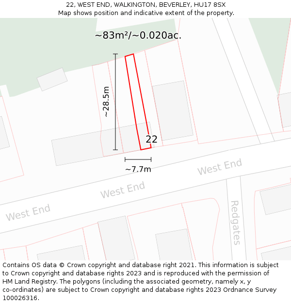 22, WEST END, WALKINGTON, BEVERLEY, HU17 8SX: Plot and title map