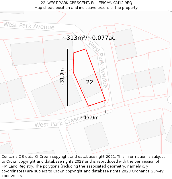 22, WEST PARK CRESCENT, BILLERICAY, CM12 9EQ: Plot and title map