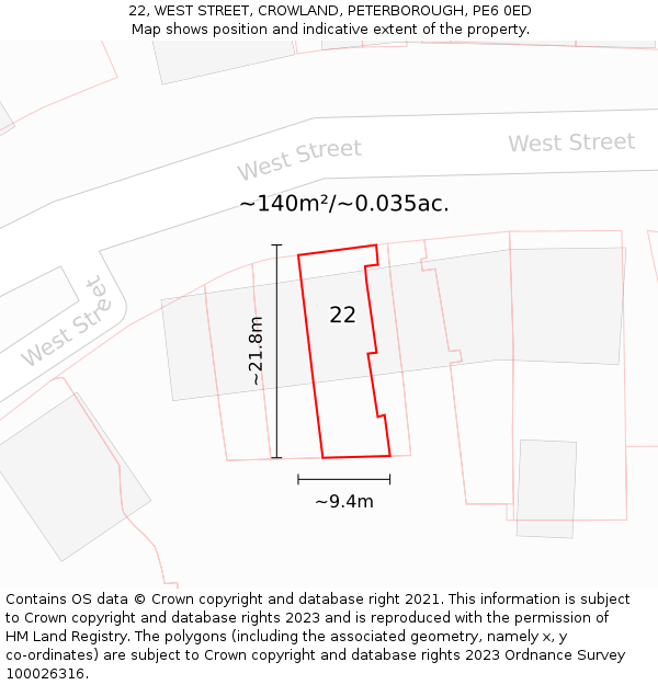 22, WEST STREET, CROWLAND, PETERBOROUGH, PE6 0ED: Plot and title map