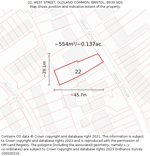 22, WEST STREET, OLDLAND COMMON, BRISTOL, BS30 9QS: Plot and title map