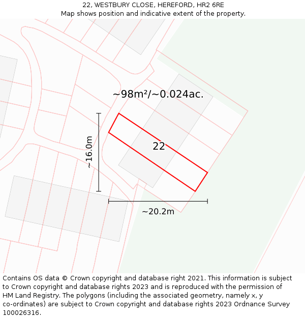 22, WESTBURY CLOSE, HEREFORD, HR2 6RE: Plot and title map