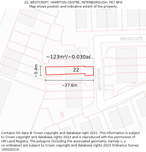 22, WESTCROFT, HAMPTON CENTRE, PETERBOROUGH, PE7 8PG: Plot and title map