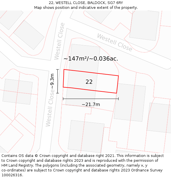 22, WESTELL CLOSE, BALDOCK, SG7 6RY: Plot and title map