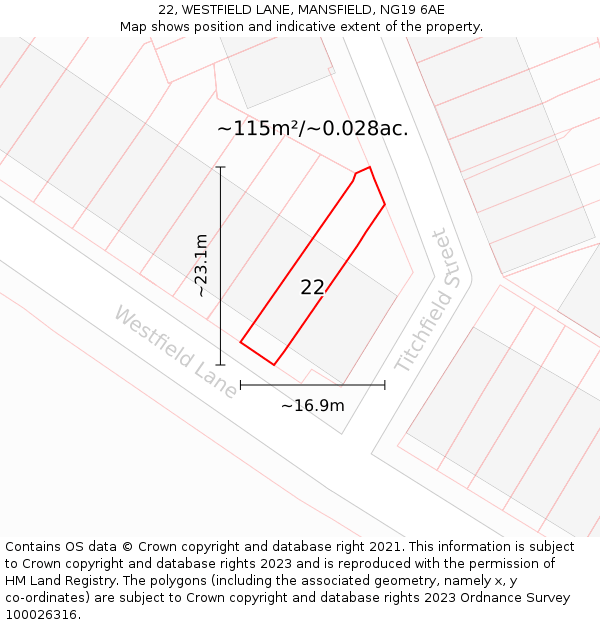 22, WESTFIELD LANE, MANSFIELD, NG19 6AE: Plot and title map