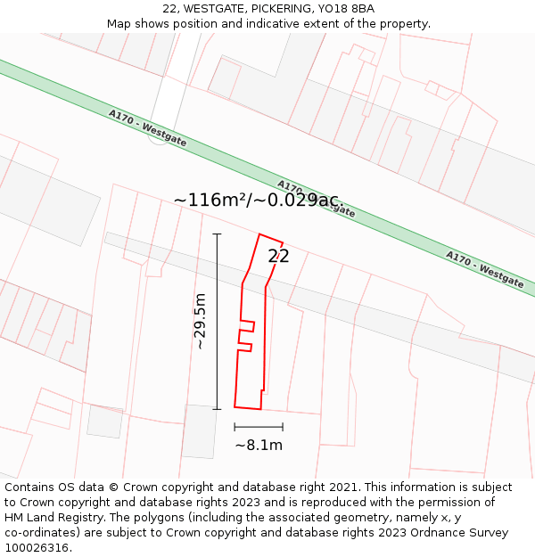 22, WESTGATE, PICKERING, YO18 8BA: Plot and title map