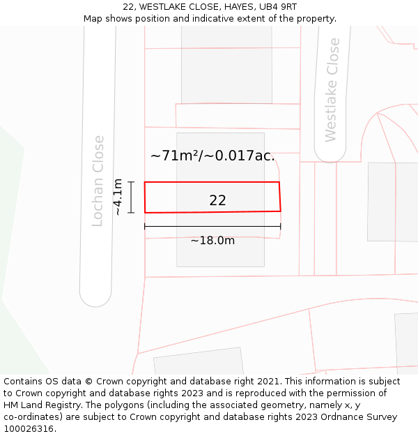 22, WESTLAKE CLOSE, HAYES, UB4 9RT: Plot and title map