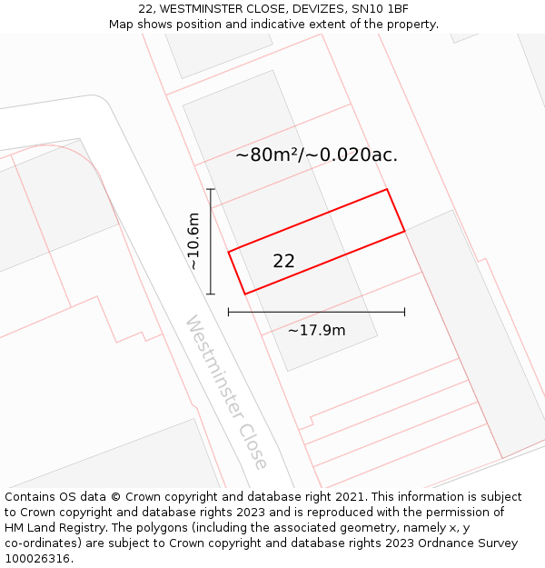 22, WESTMINSTER CLOSE, DEVIZES, SN10 1BF: Plot and title map