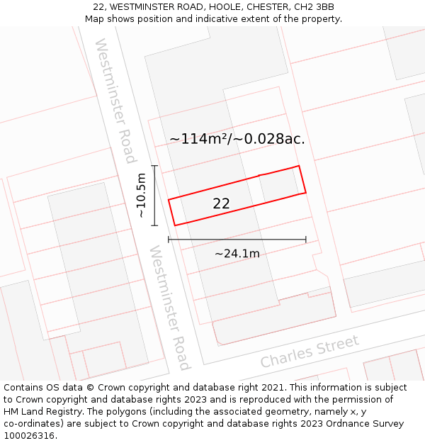 22, WESTMINSTER ROAD, HOOLE, CHESTER, CH2 3BB: Plot and title map