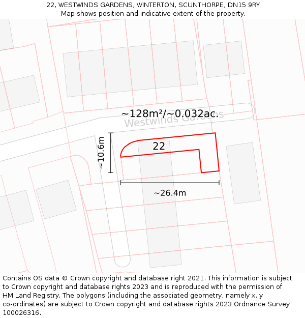 22, WESTWINDS GARDENS, WINTERTON, SCUNTHORPE, DN15 9RY: Plot and title map