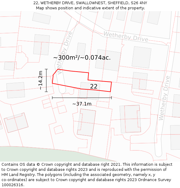 22, WETHERBY DRIVE, SWALLOWNEST, SHEFFIELD, S26 4NY: Plot and title map