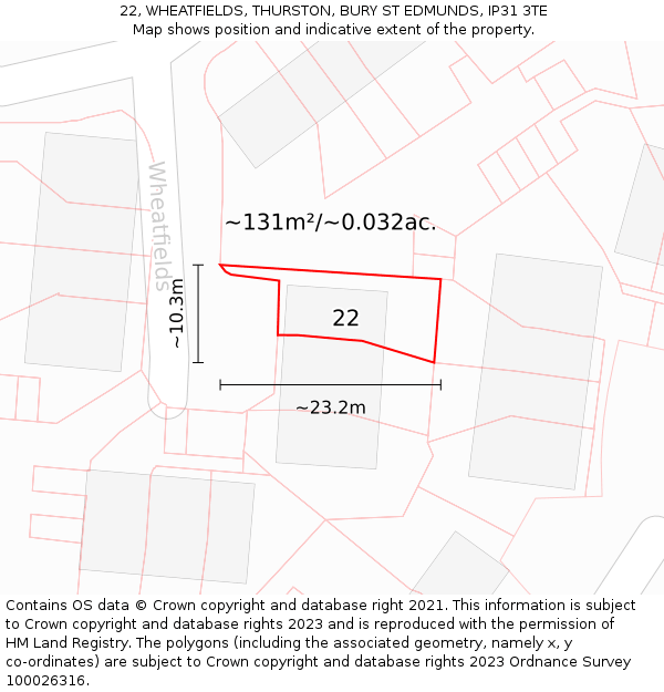 22, WHEATFIELDS, THURSTON, BURY ST EDMUNDS, IP31 3TE: Plot and title map