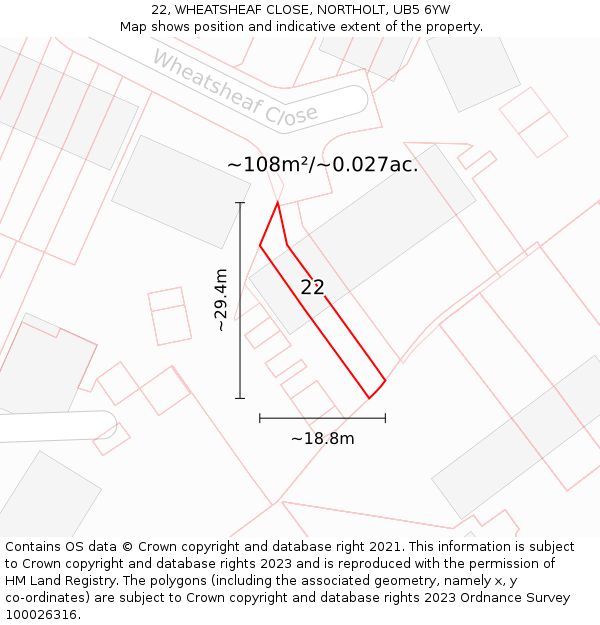 22, WHEATSHEAF CLOSE, NORTHOLT, UB5 6YW: Plot and title map