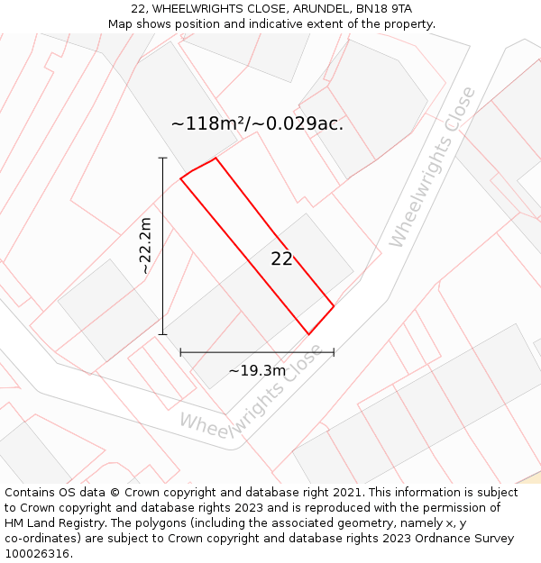 22, WHEELWRIGHTS CLOSE, ARUNDEL, BN18 9TA: Plot and title map