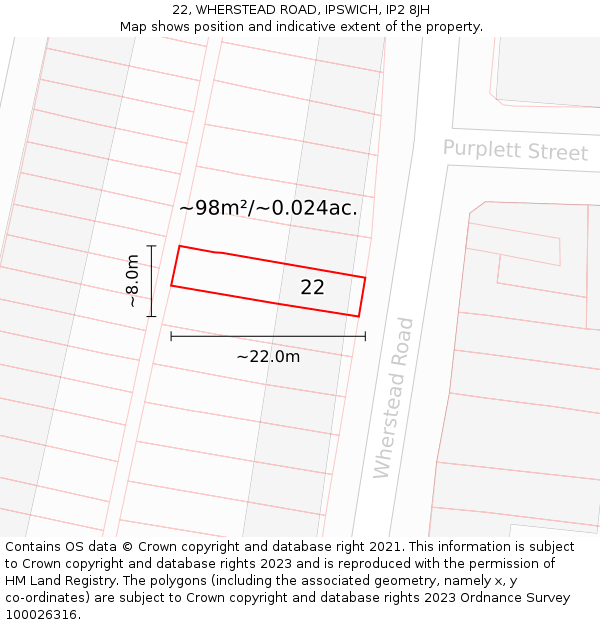 22, WHERSTEAD ROAD, IPSWICH, IP2 8JH: Plot and title map