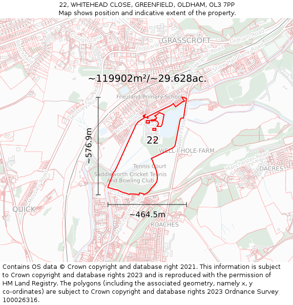 22, WHITEHEAD CLOSE, GREENFIELD, OLDHAM, OL3 7PP: Plot and title map