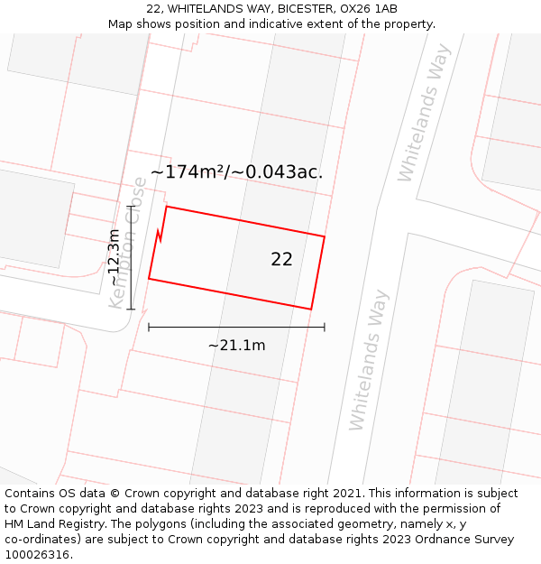22, WHITELANDS WAY, BICESTER, OX26 1AB: Plot and title map