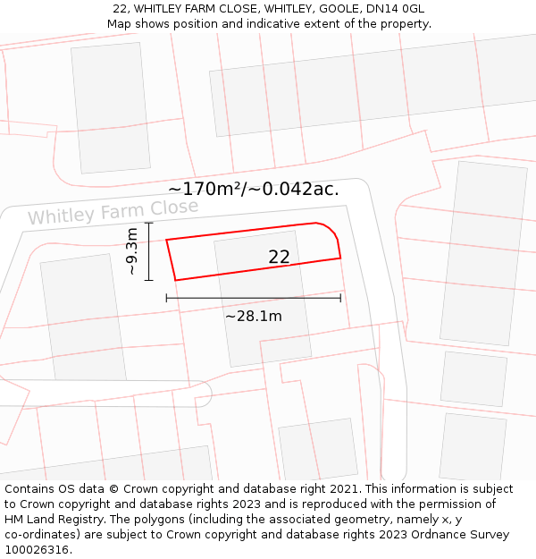 22, WHITLEY FARM CLOSE, WHITLEY, GOOLE, DN14 0GL: Plot and title map