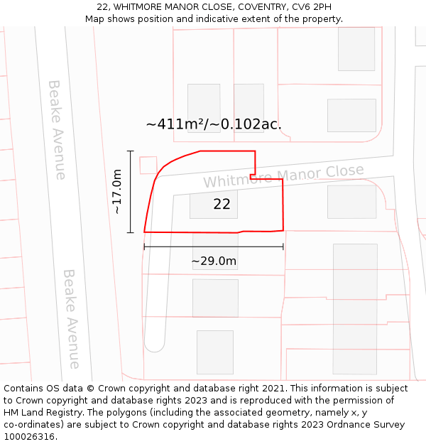 22, WHITMORE MANOR CLOSE, COVENTRY, CV6 2PH: Plot and title map
