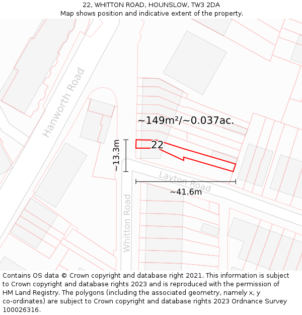 22, WHITTON ROAD, HOUNSLOW, TW3 2DA: Plot and title map