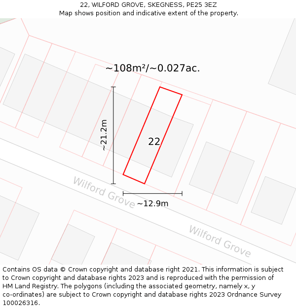 22, WILFORD GROVE, SKEGNESS, PE25 3EZ: Plot and title map