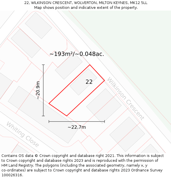22, WILKINSON CRESCENT, WOLVERTON, MILTON KEYNES, MK12 5LL: Plot and title map