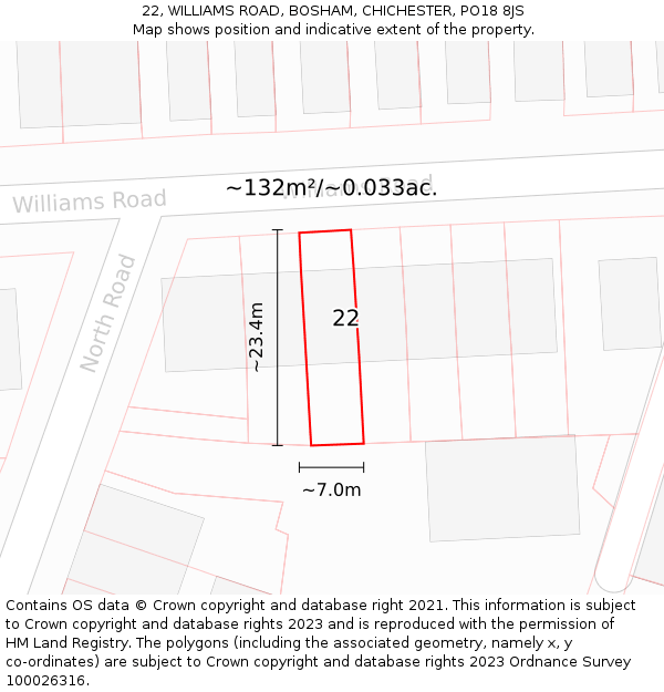 22, WILLIAMS ROAD, BOSHAM, CHICHESTER, PO18 8JS: Plot and title map