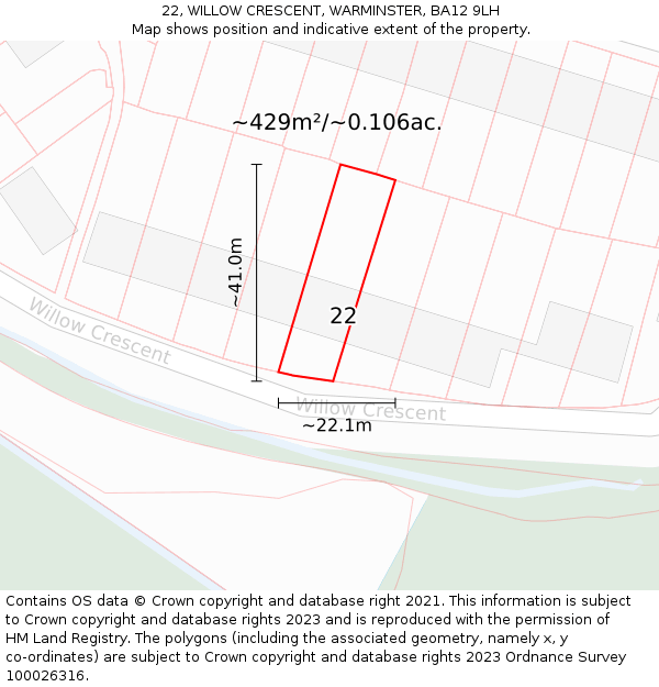 22, WILLOW CRESCENT, WARMINSTER, BA12 9LH: Plot and title map