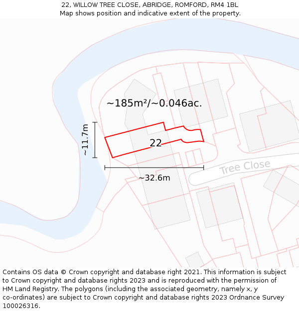22, WILLOW TREE CLOSE, ABRIDGE, ROMFORD, RM4 1BL: Plot and title map