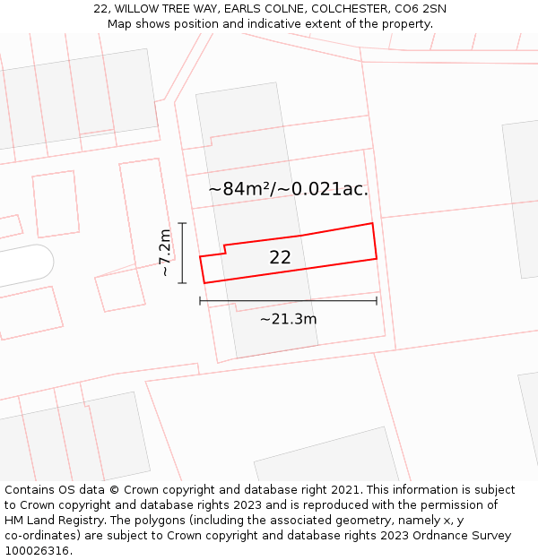 22, WILLOW TREE WAY, EARLS COLNE, COLCHESTER, CO6 2SN: Plot and title map