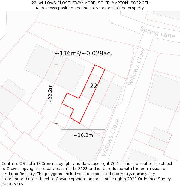 22, WILLOWS CLOSE, SWANMORE, SOUTHAMPTON, SO32 2EL: Plot and title map