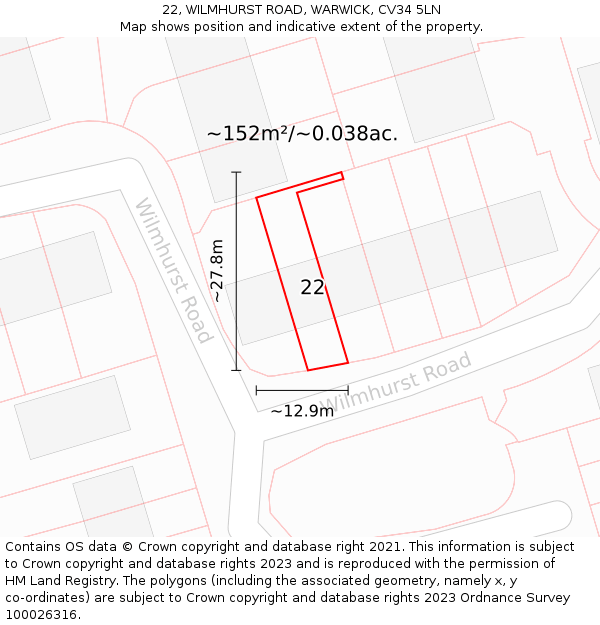 22, WILMHURST ROAD, WARWICK, CV34 5LN: Plot and title map